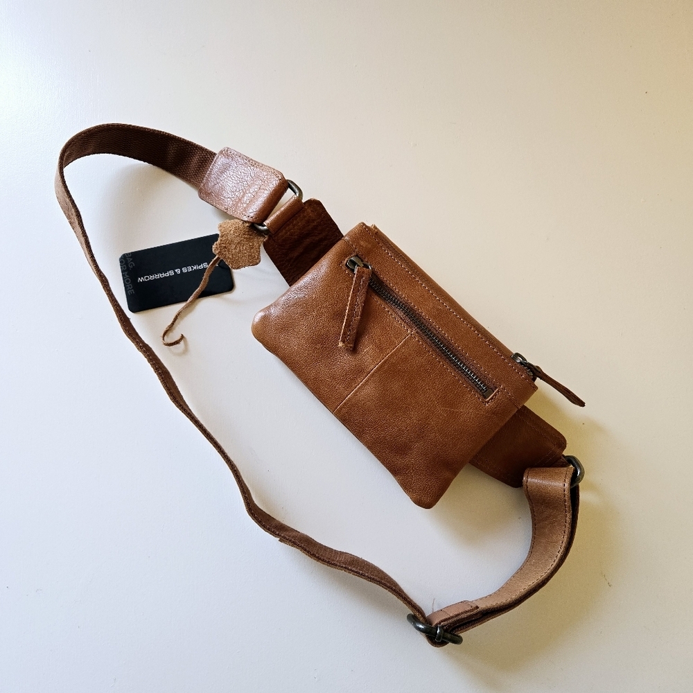 SPIKES & SPARROW Genuine Leather Front Pocket Big Waist Belt Bag Fanny Pack Tan - Picture 8 of 16